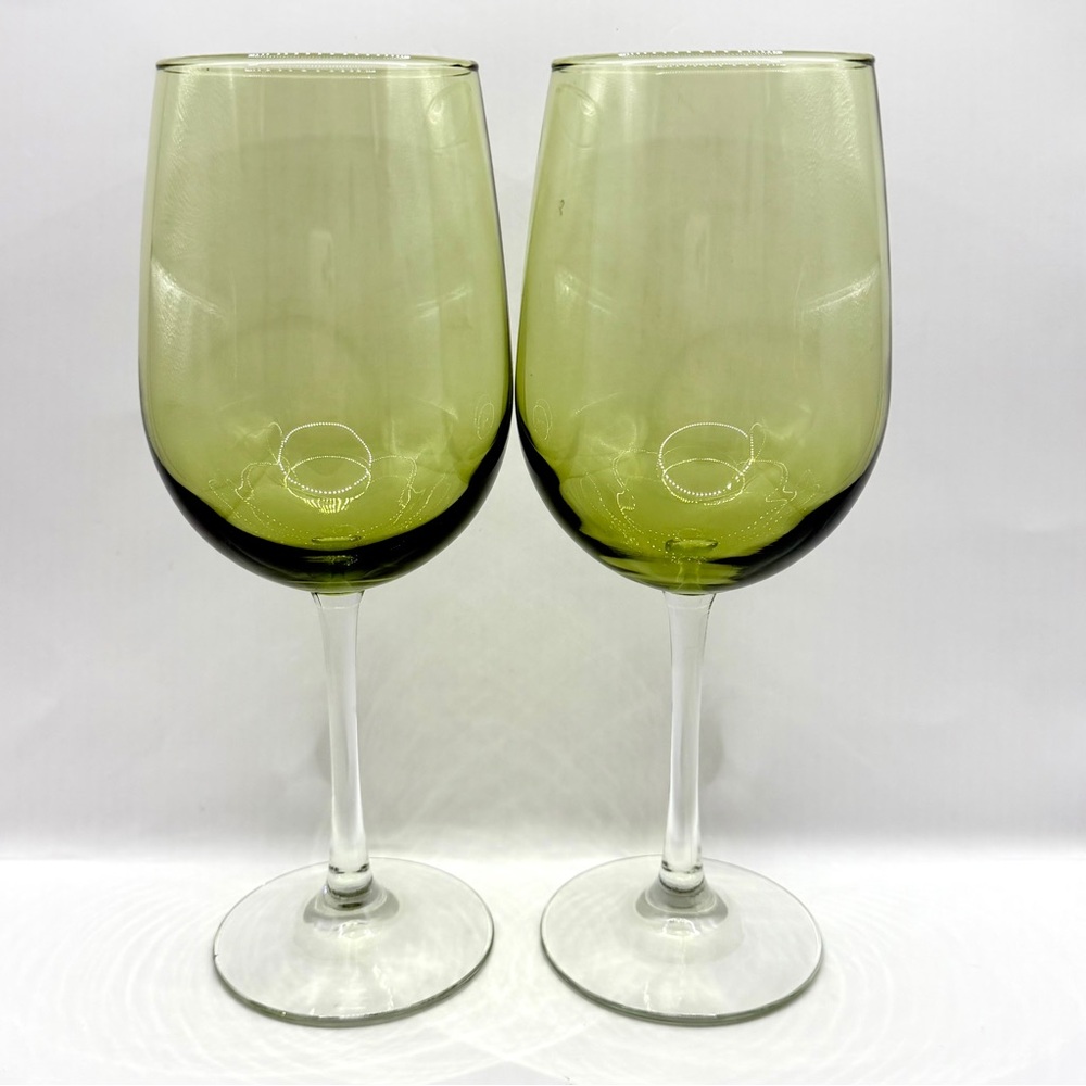 Pier 1 Pantiago Clear Stem Moss Glassware Set of 2 Olive Green Wine Goblets